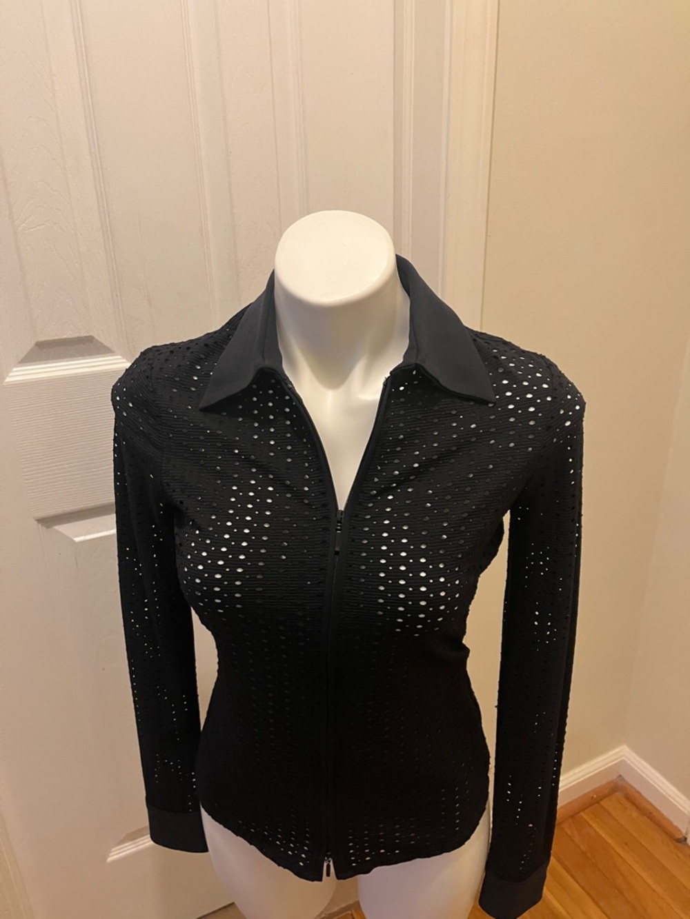 Cache Black Perforated Zip-Front Collared Top